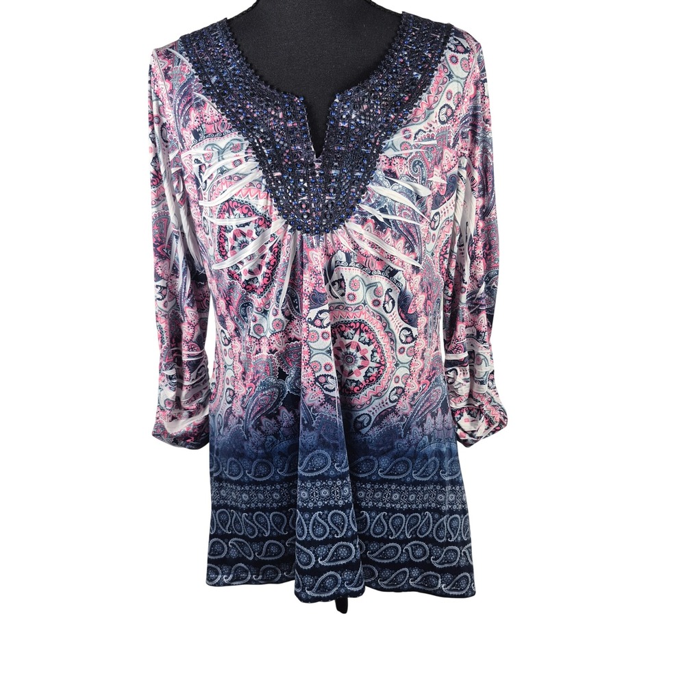 Madison & Berkeley Beaded Paisley Tunic Top Boho Pink Blue Size M‎